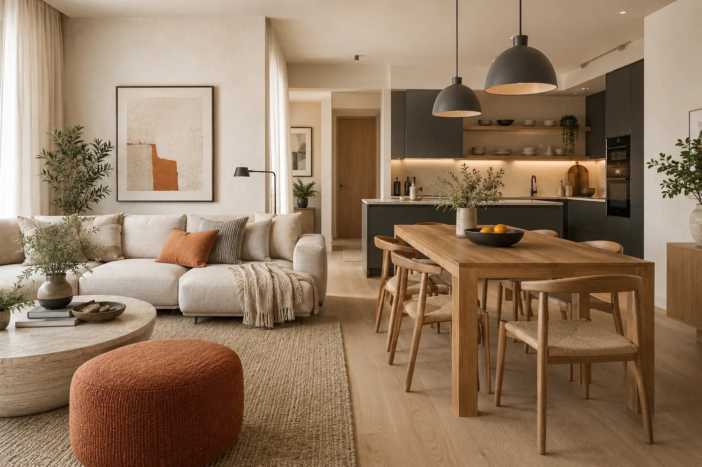 Концепция кухни-гостиной с обеденным столом, светлым диваном, растениями и оранжевым пуфом